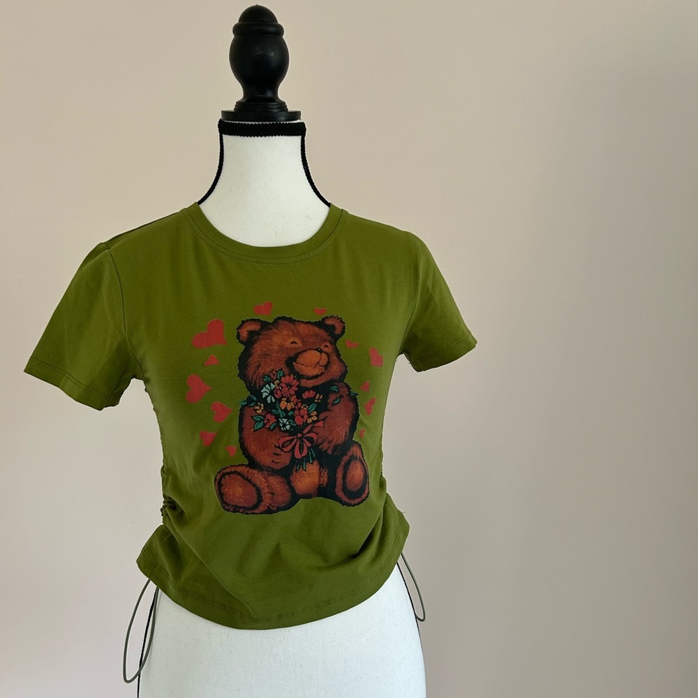 SinsaGom Teddy Bear and Hearts Green T-shirt